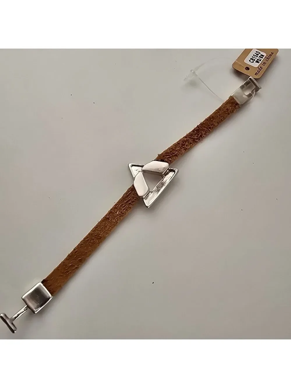 NWT Bohemian Antique Silver Geo Triangle Brown Faux Leather Bracelet